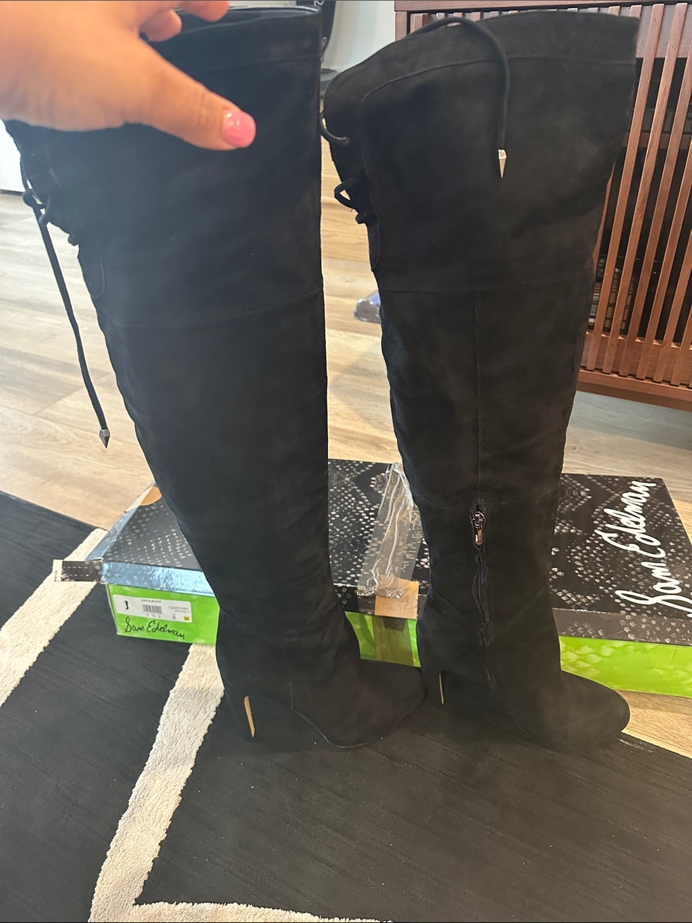 Sam Edelman Black Over-the-Knee Suede Lace-Up Heeled Boots
